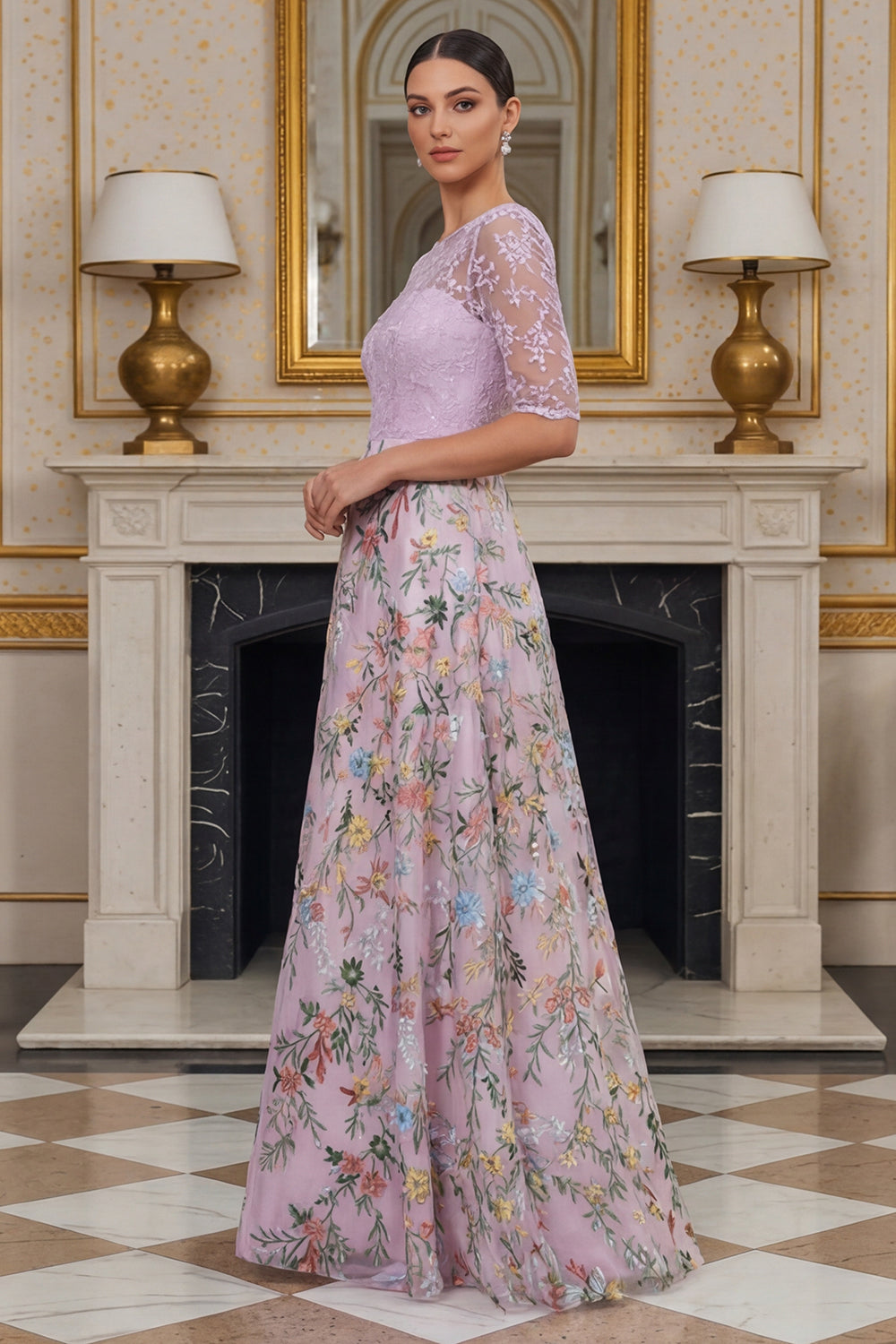 Robe longue fleurie mi-manches évasée lilas avec broderies pour la mère de la mariée
