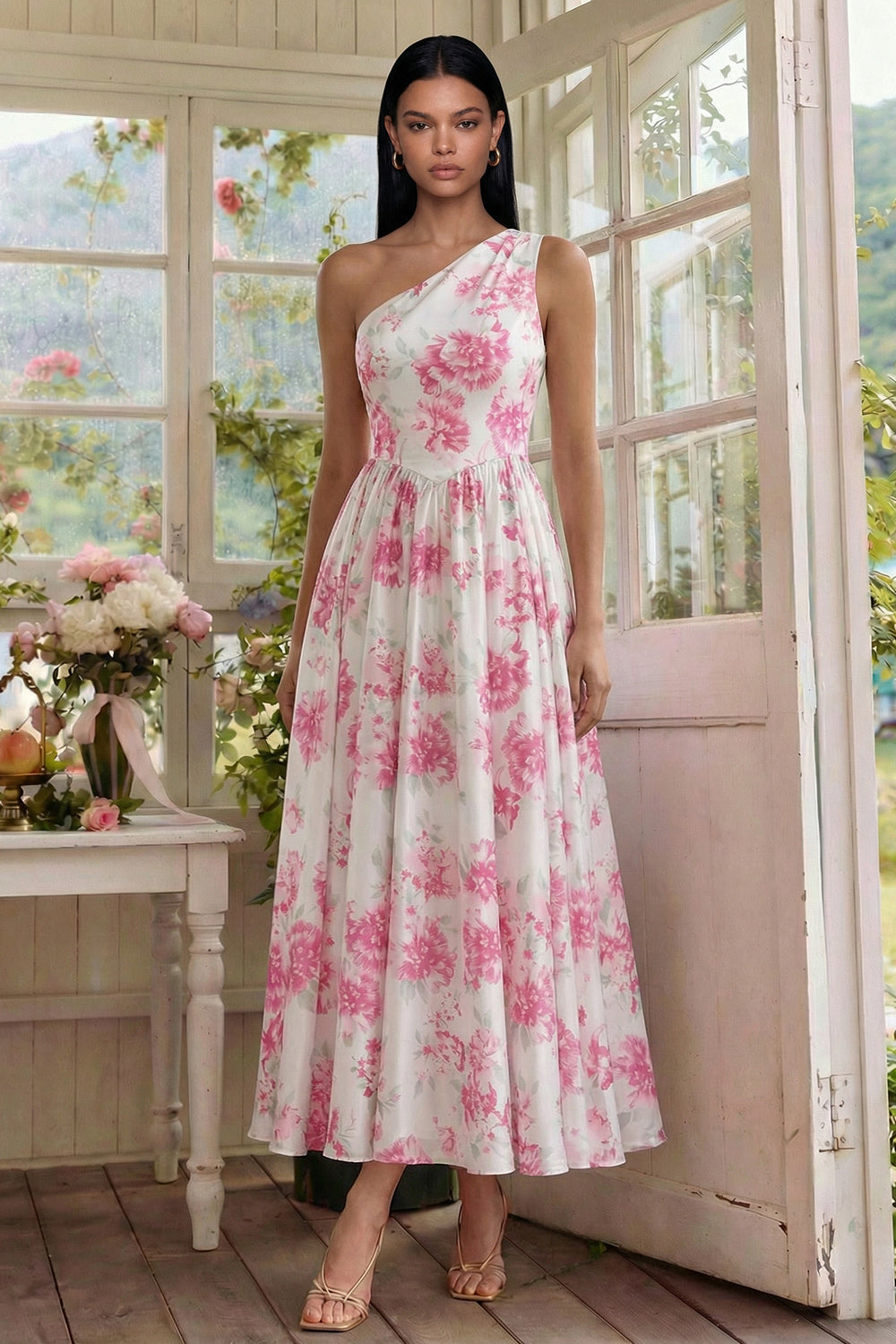 Vestido Midi Acampanado Asimétrico con Estampado Floral en Fucsia y Blanco