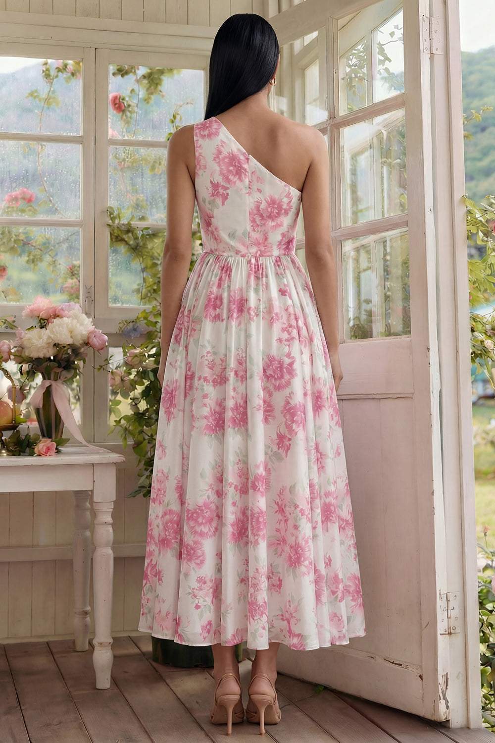 Vestido Midi Acampanado Asimétrico con Estampado Floral en Fucsia y Blanco