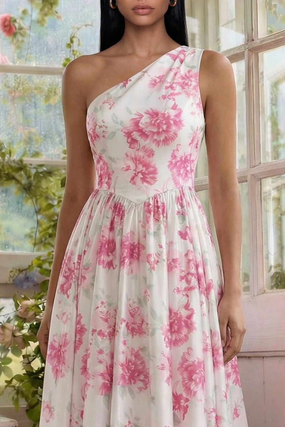 Vestido Midi Acampanado Asimétrico con Estampado Floral en Fucsia y Blanco