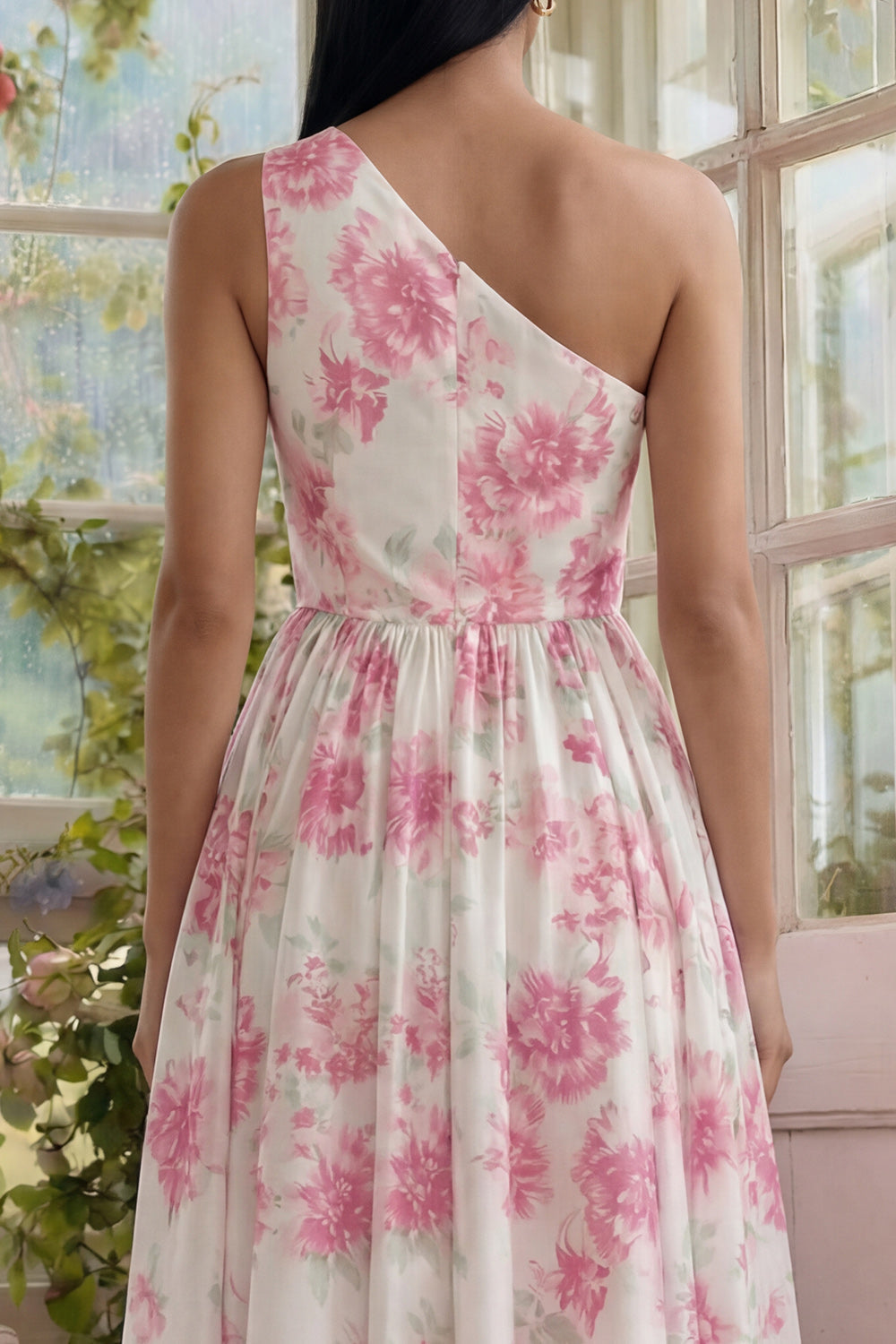 Vestido Midi Acampanado Asimétrico con Estampado Floral en Fucsia y Blanco