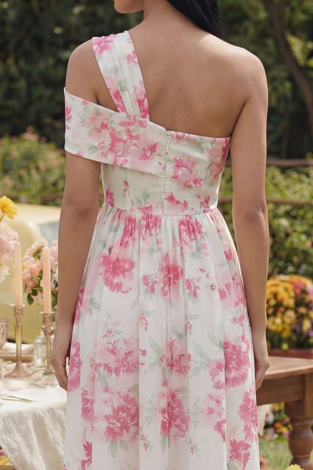 White One-Shoulder Fuchsia Floral Print A-Line Midi Dress