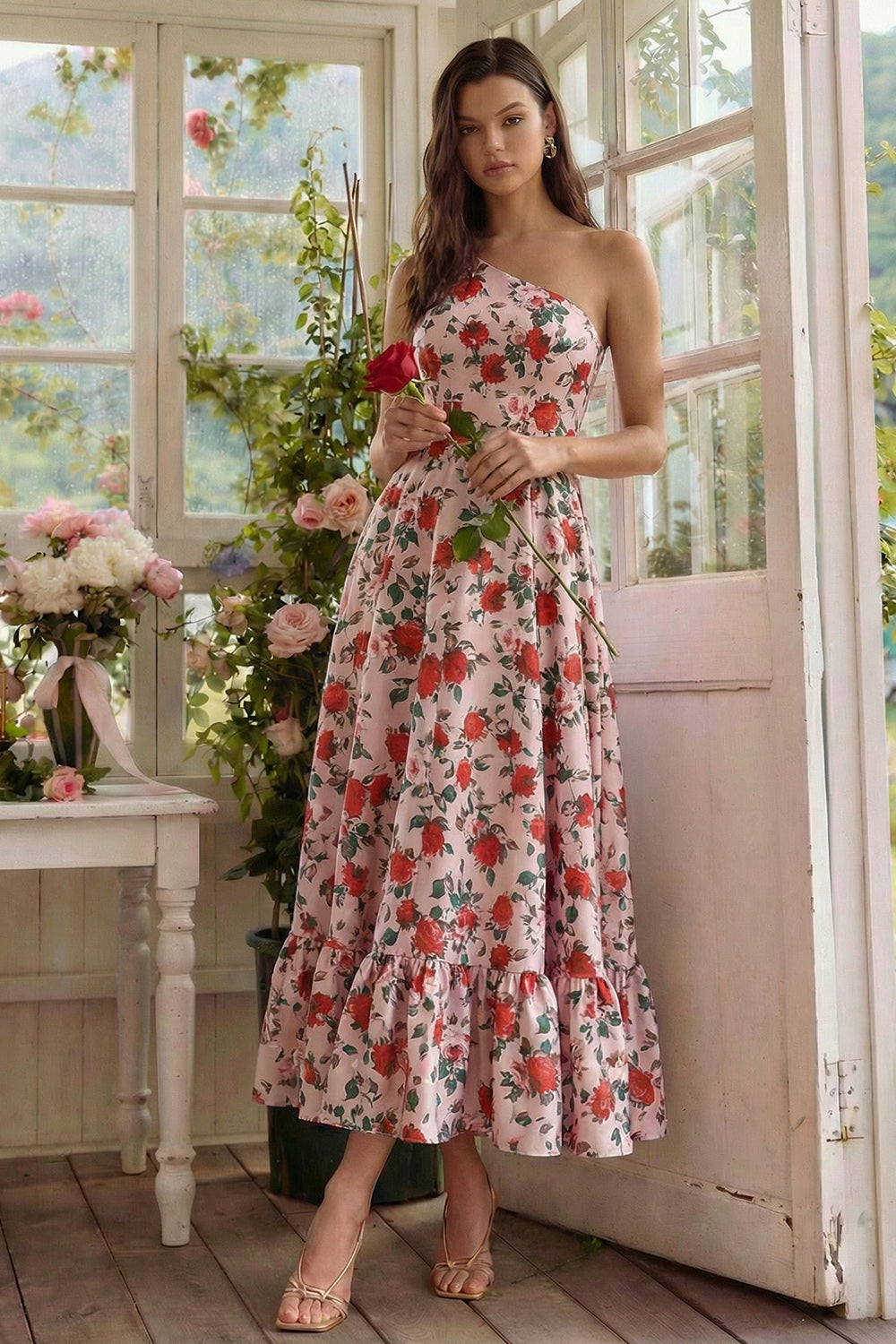 Pink Red Flower One Shoulder Printed  A Line Midi Dress