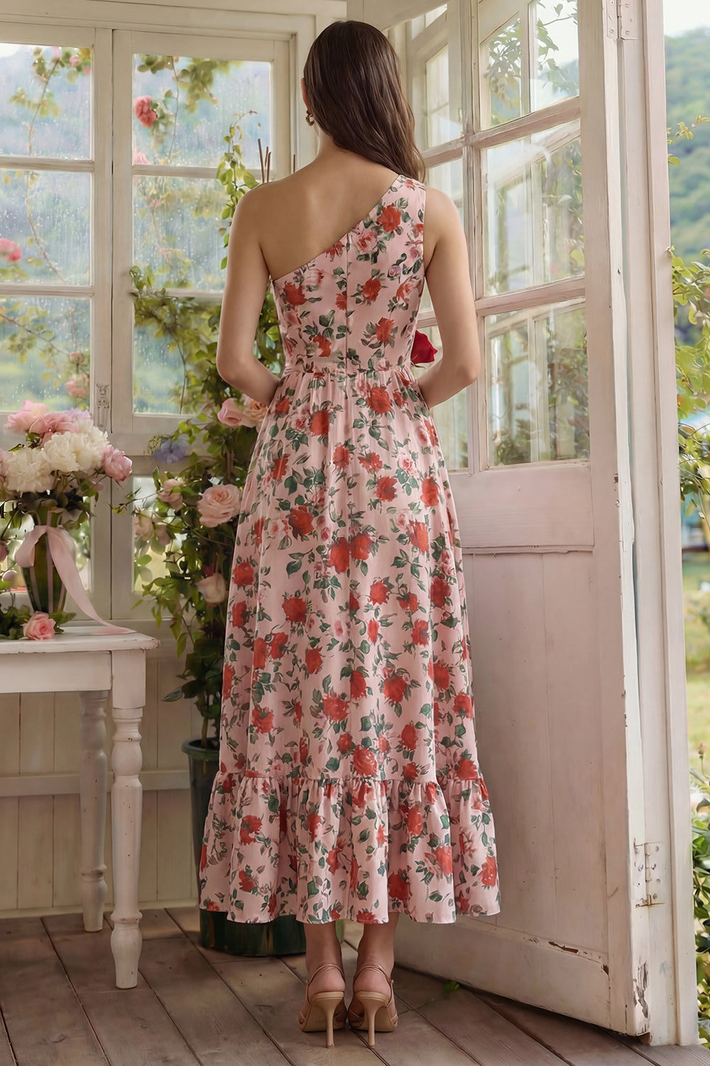Pink Red Flower One Shoulder Printed  A Line Midi Dress