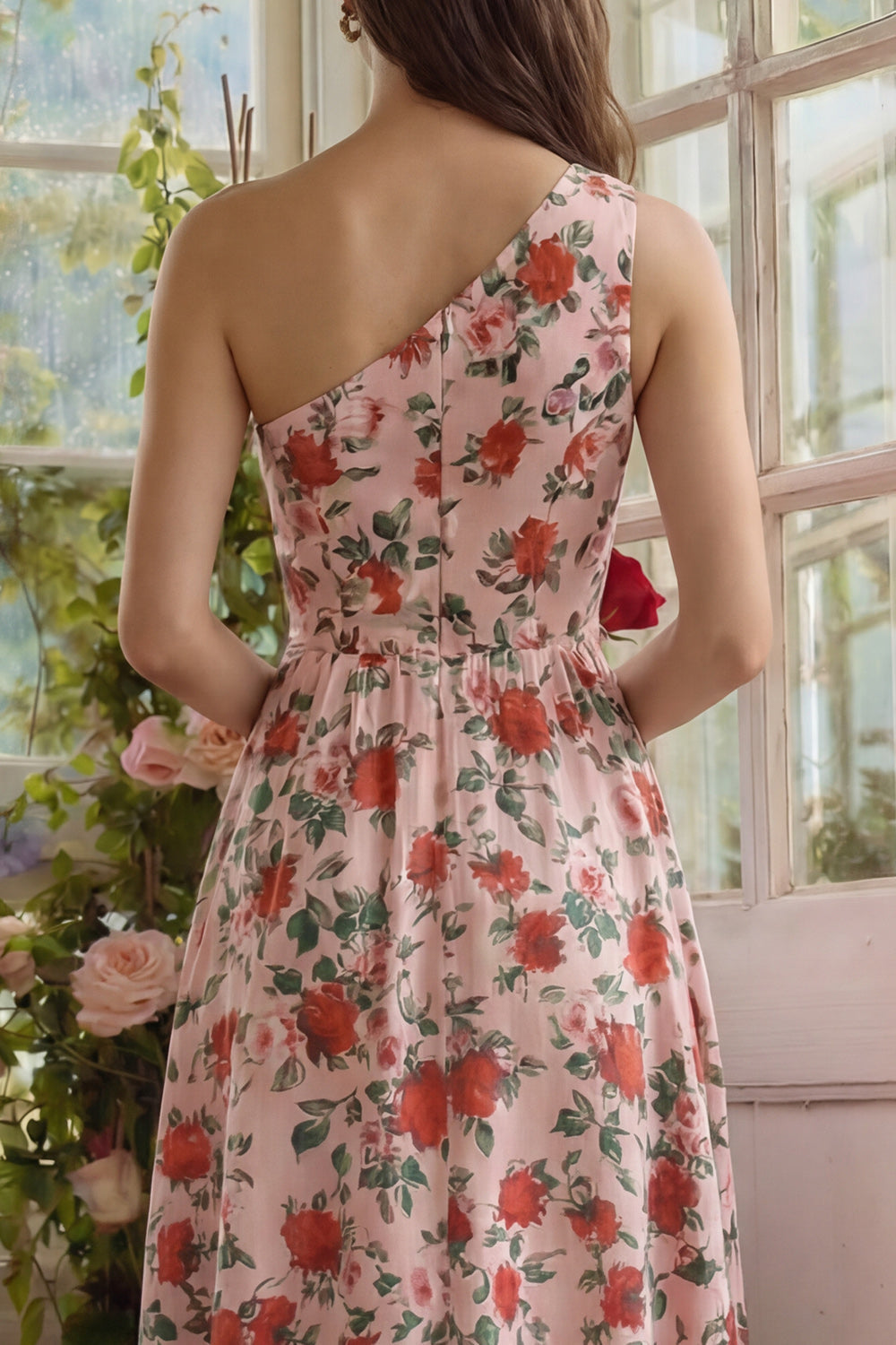 Pink Red Flower One Shoulder Printed  A Line Midi Dress