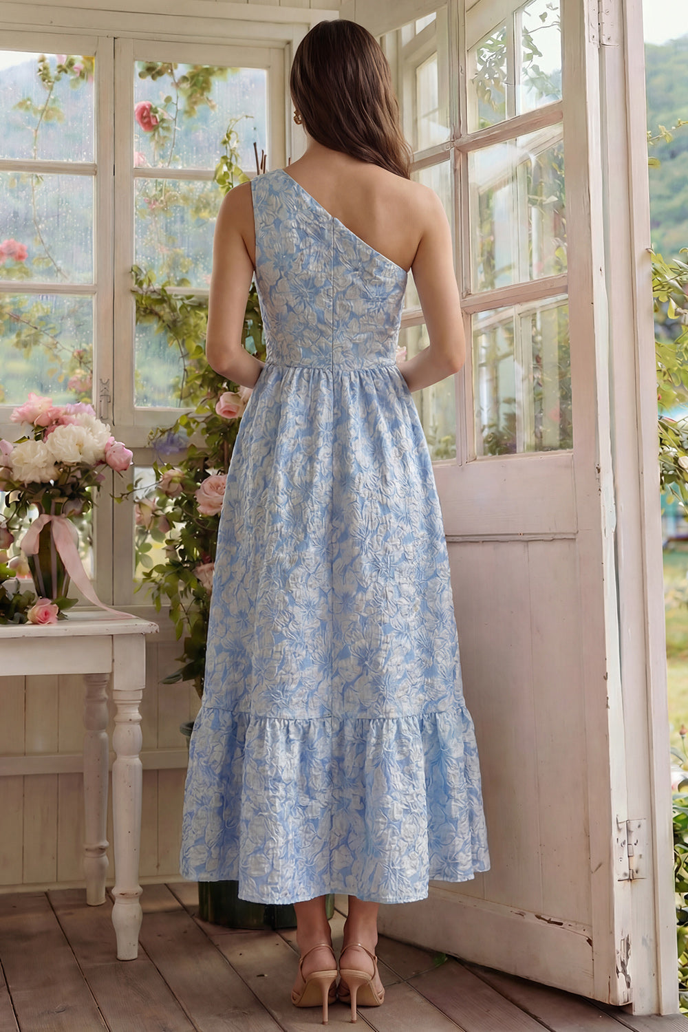 Blue Flower Jacquard One-Shoulder A-Line Midi Dress with Ruffles