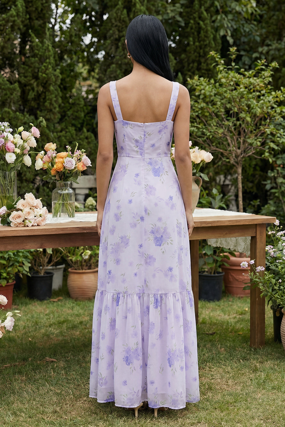 Lilac Printed Square Neck A Line Midi Dress with Slit