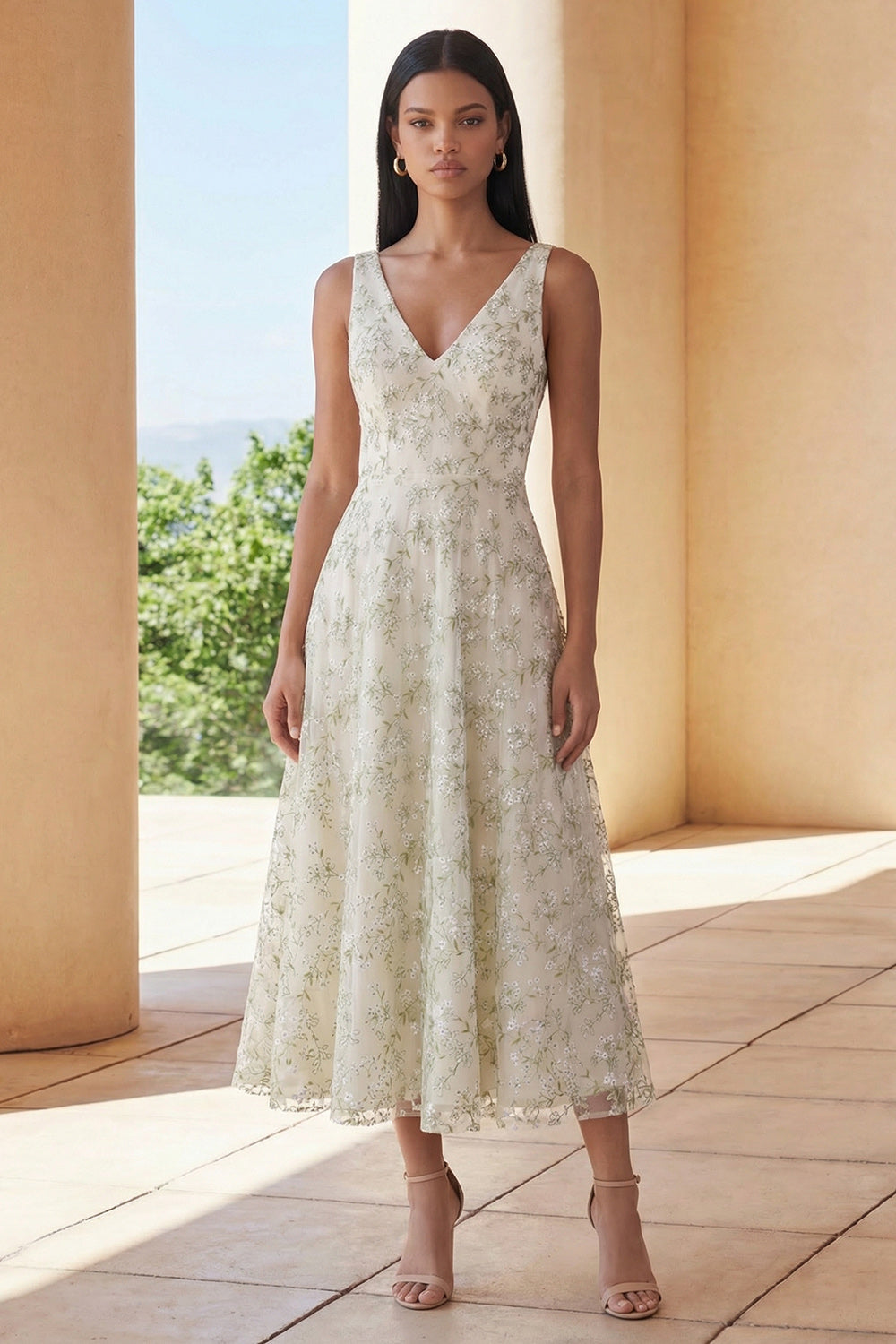 Robe midi ligne A en maille appliquée col en V vert clair