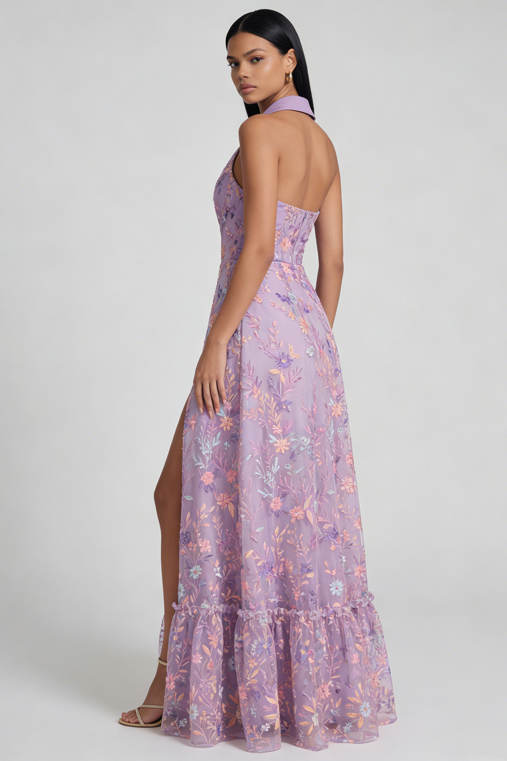Lilac Flower Appliquéd V-Neck A-Line Sleeveless Midi Dress with Slit