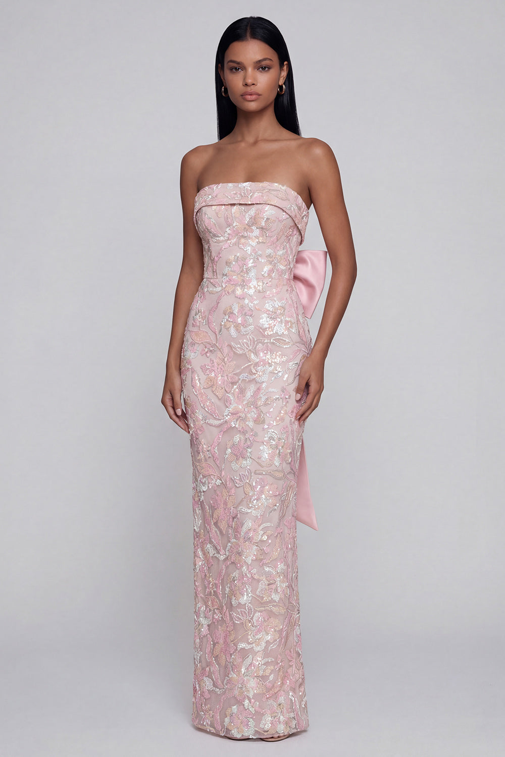 Appliquéd Bowknot Pink Strapless Sheath Midi Dress with Back Slit