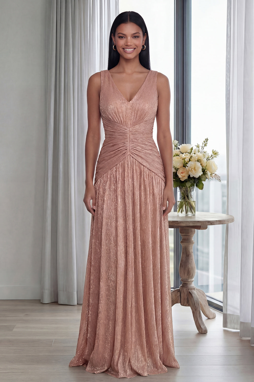 Dusty Rose V-Neck A-Line Pleated Long Formal Dress