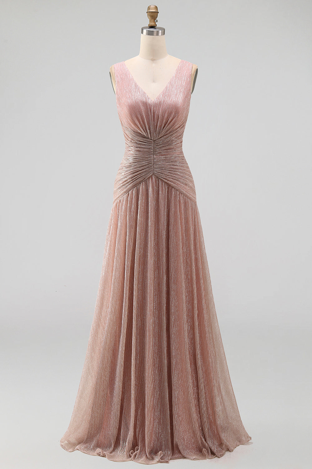 Dusty Rose V-Neck A-Line Pleated Long Formal Dress