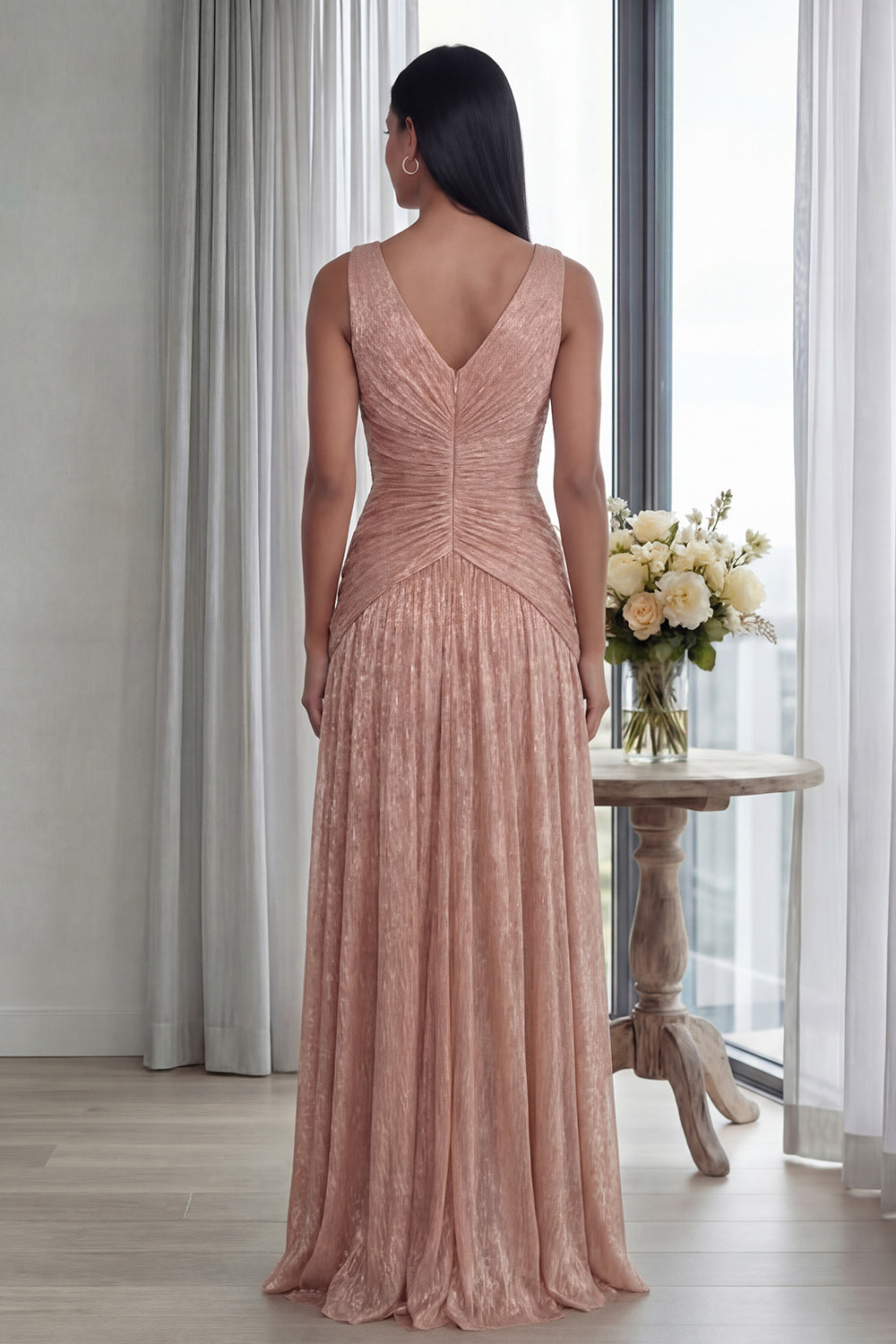 Dusty Rose V-Neck A-Line Pleated Long Formal Dress