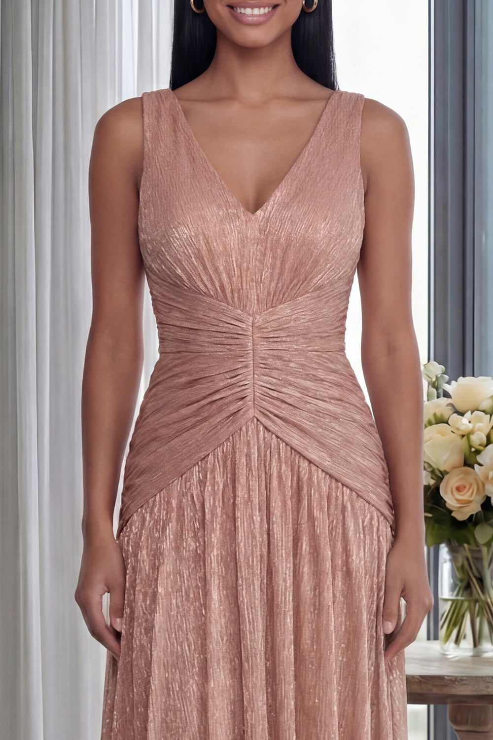 Dusty Rose V-Neck A-Line Pleated Long Formal Dress