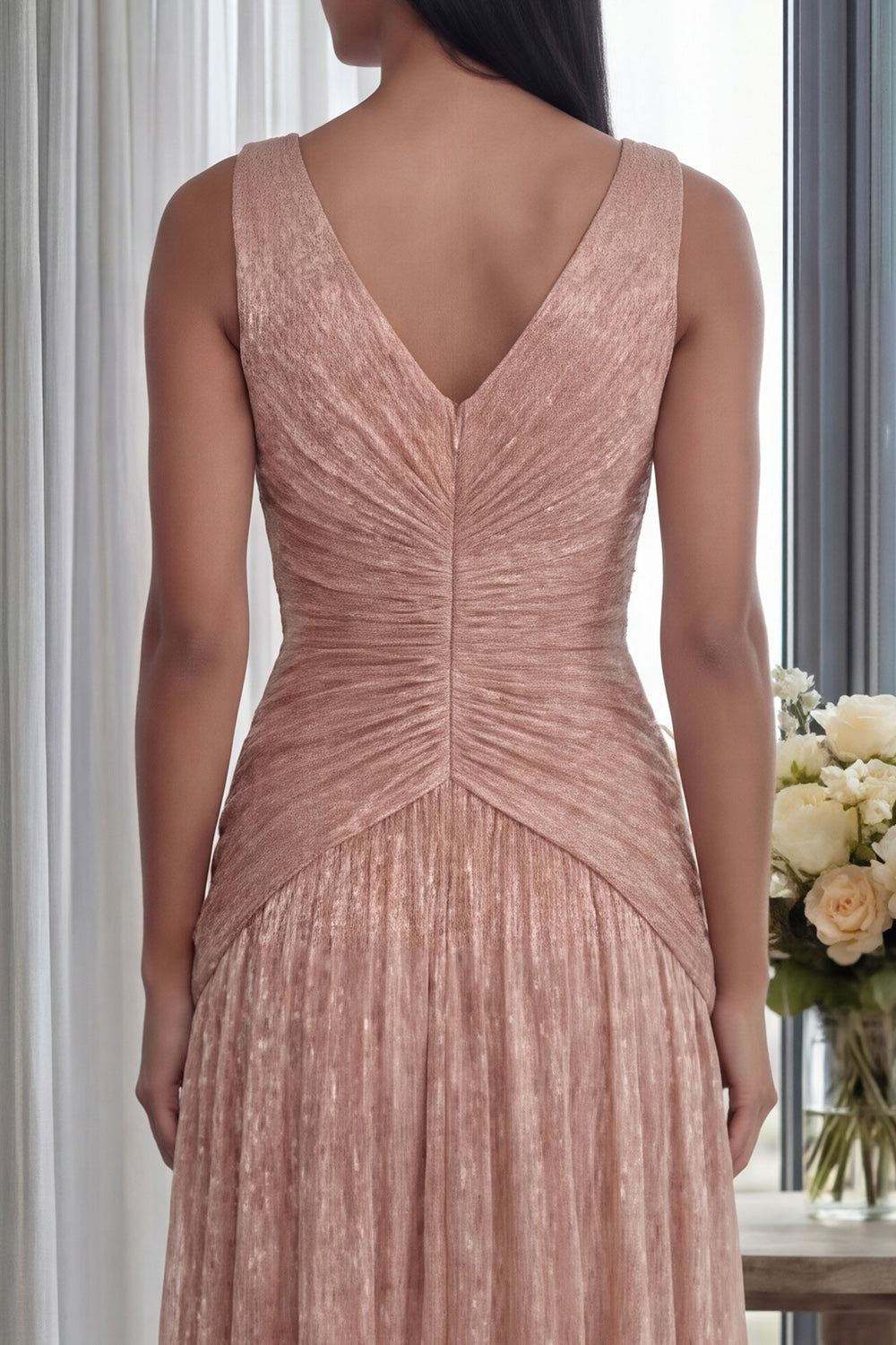 Dusty Rose V-Neck A-Line Pleated Long Formal Dress