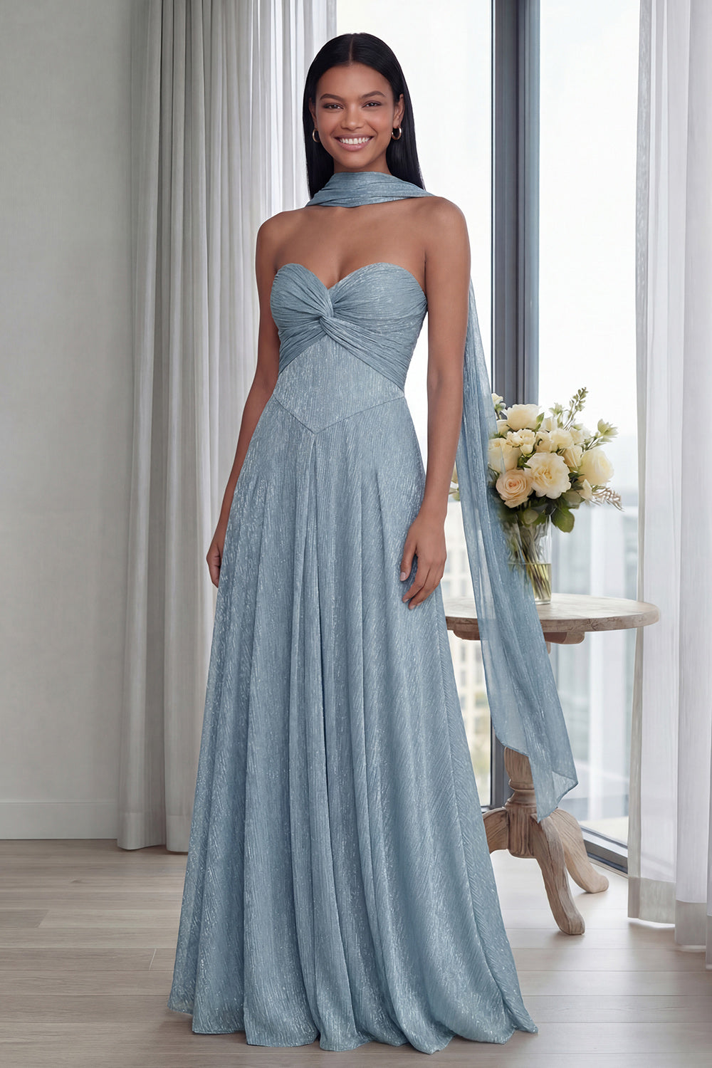 Sky Blue Strapless A Line Pleated Long Formal Dress with Ribbon