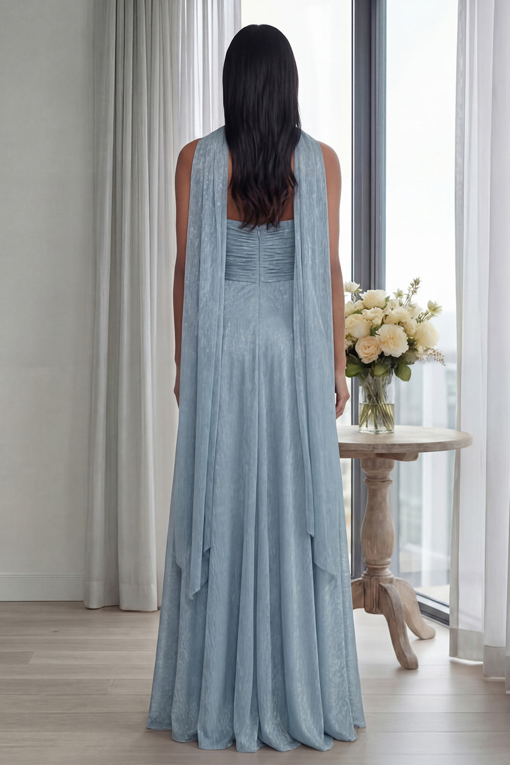 Sky Blue Strapless A Line Pleated Long Formal Dress with Ribbon