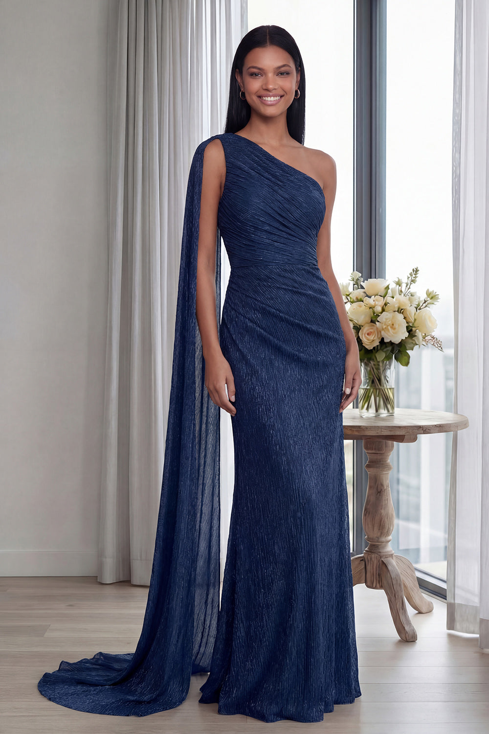 Navy One Shoulder Sheath Ruched Long Formal Dress with Ribbon
