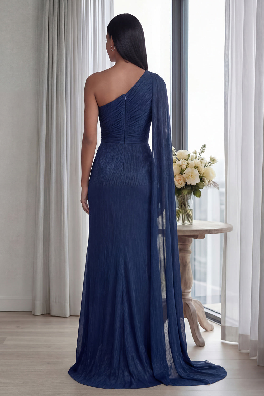 Navy One Shoulder Sheath Ruched Long Formal Dress with Ribbon
