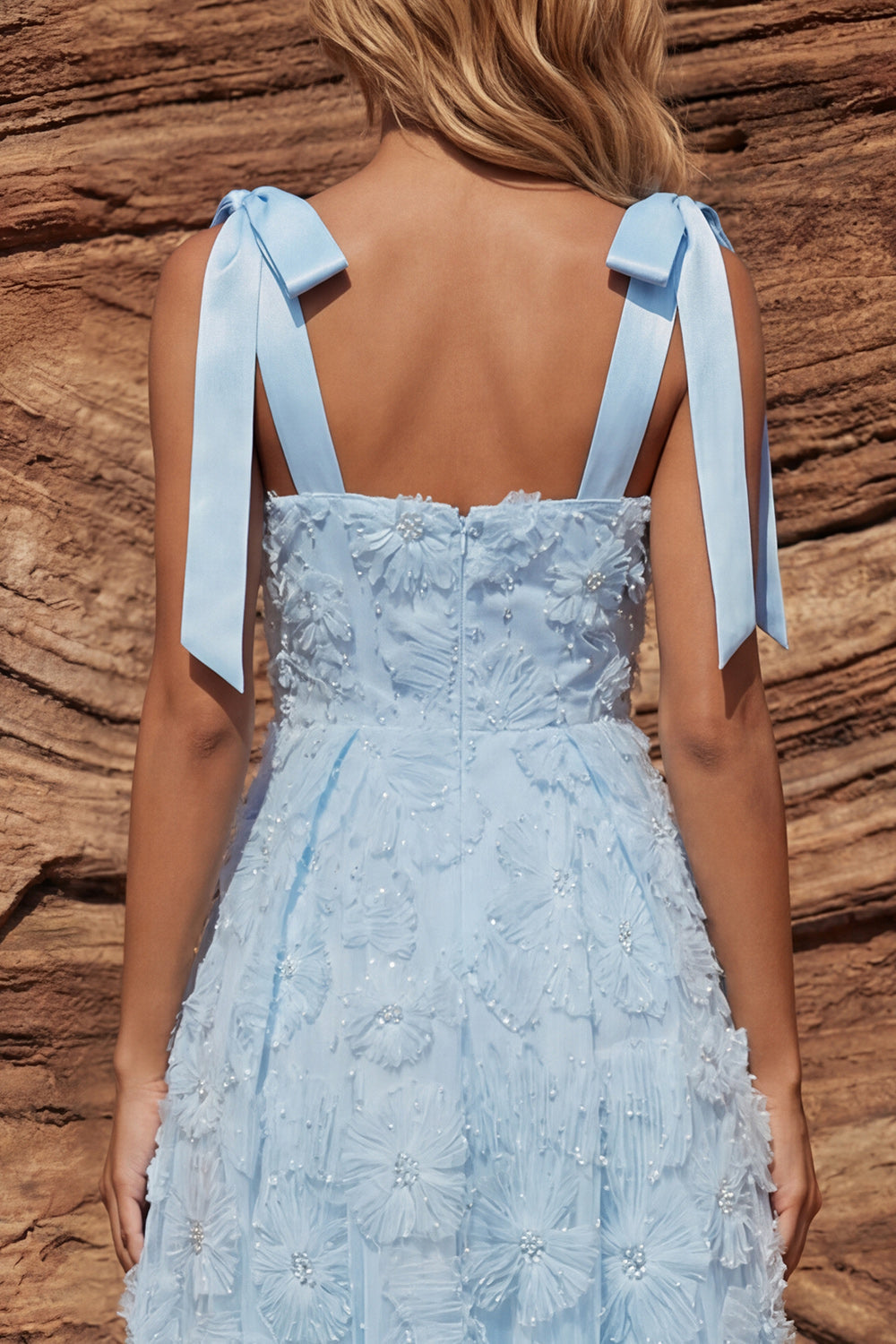 Sky Blue A Line Floral Beaded Sparkly Long Wedding Guest Dress with Bows