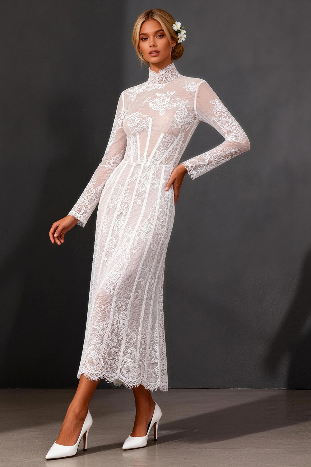 White Sheath Lace Long Sleeve Wedding Dress