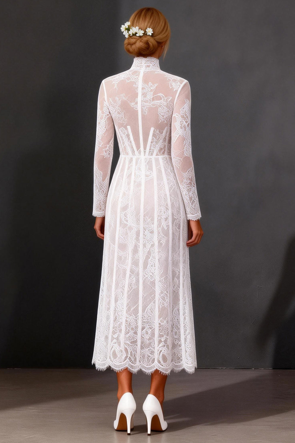 White Sheath Lace Long Sleeve Wedding Dress