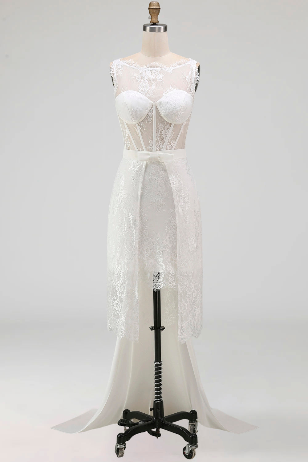White A-Line Corset Lace Midi Wedding Dress with Cape