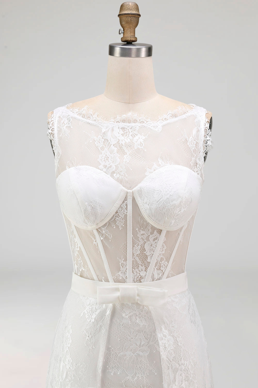 White A-Line Corset Lace Midi Wedding Dress with Cape