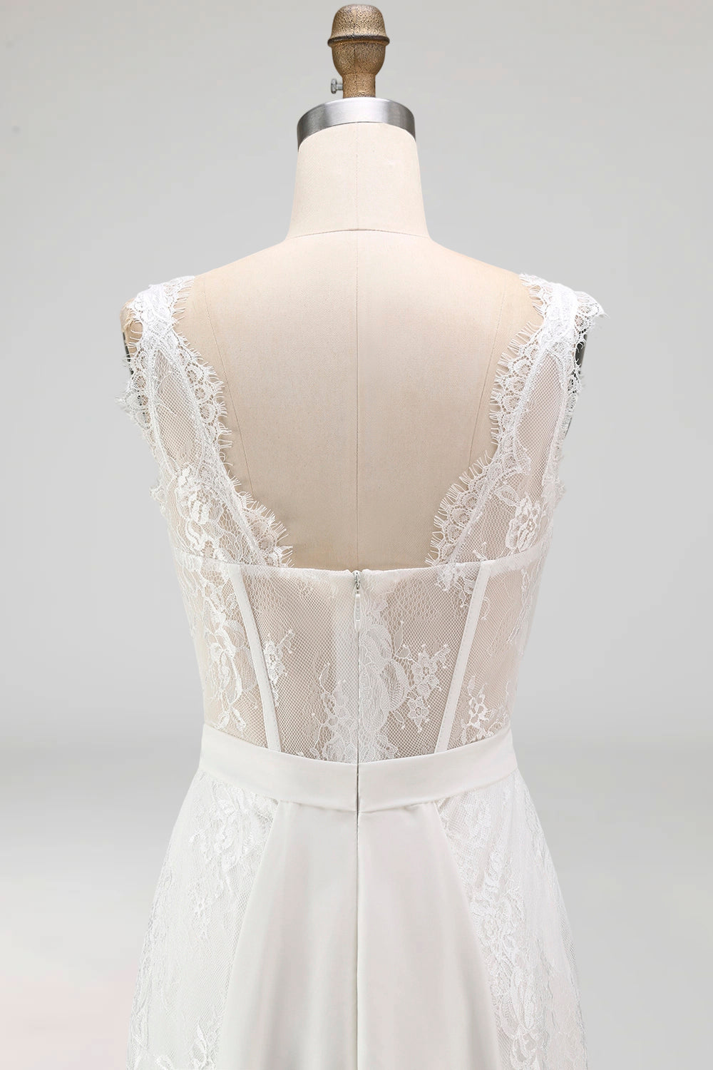 White A-Line Corset Lace Midi Wedding Dress with Cape