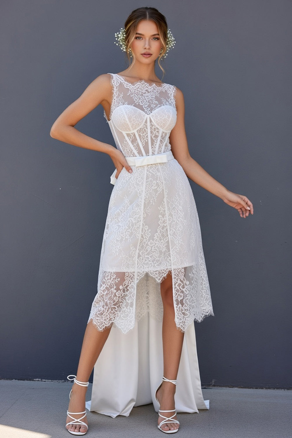 White A-Line Corset Lace Midi Wedding Dress with Cape