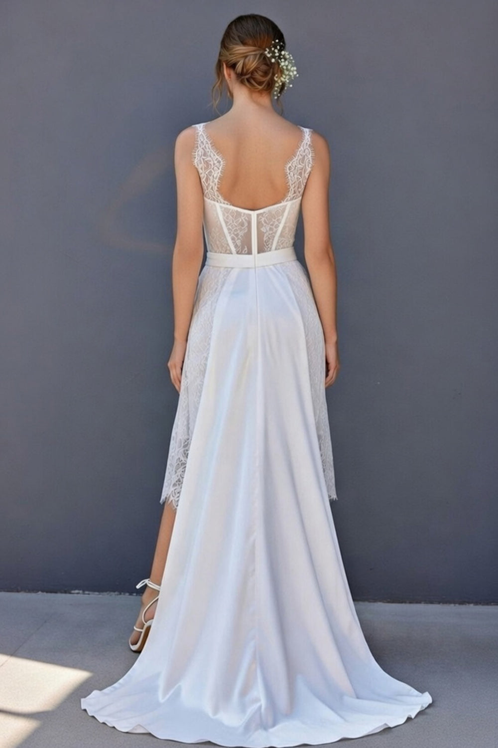 White A-Line Corset Lace Midi Wedding Dress with Cape