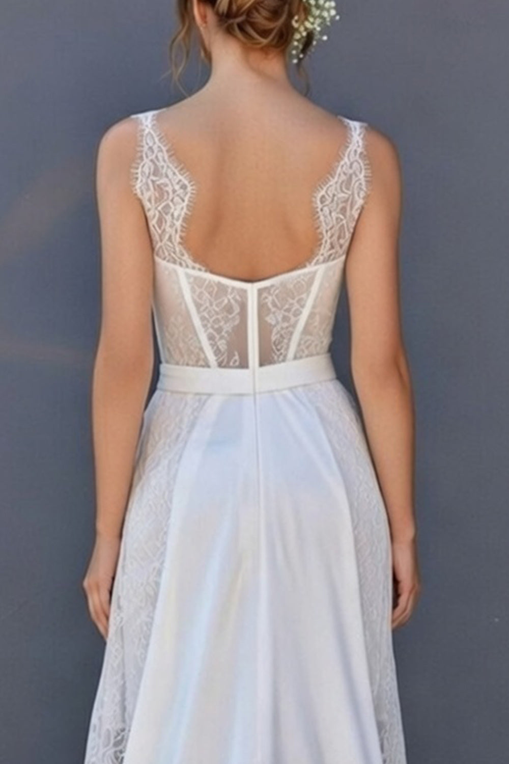 White A-Line Corset Lace Midi Wedding Dress with Cape