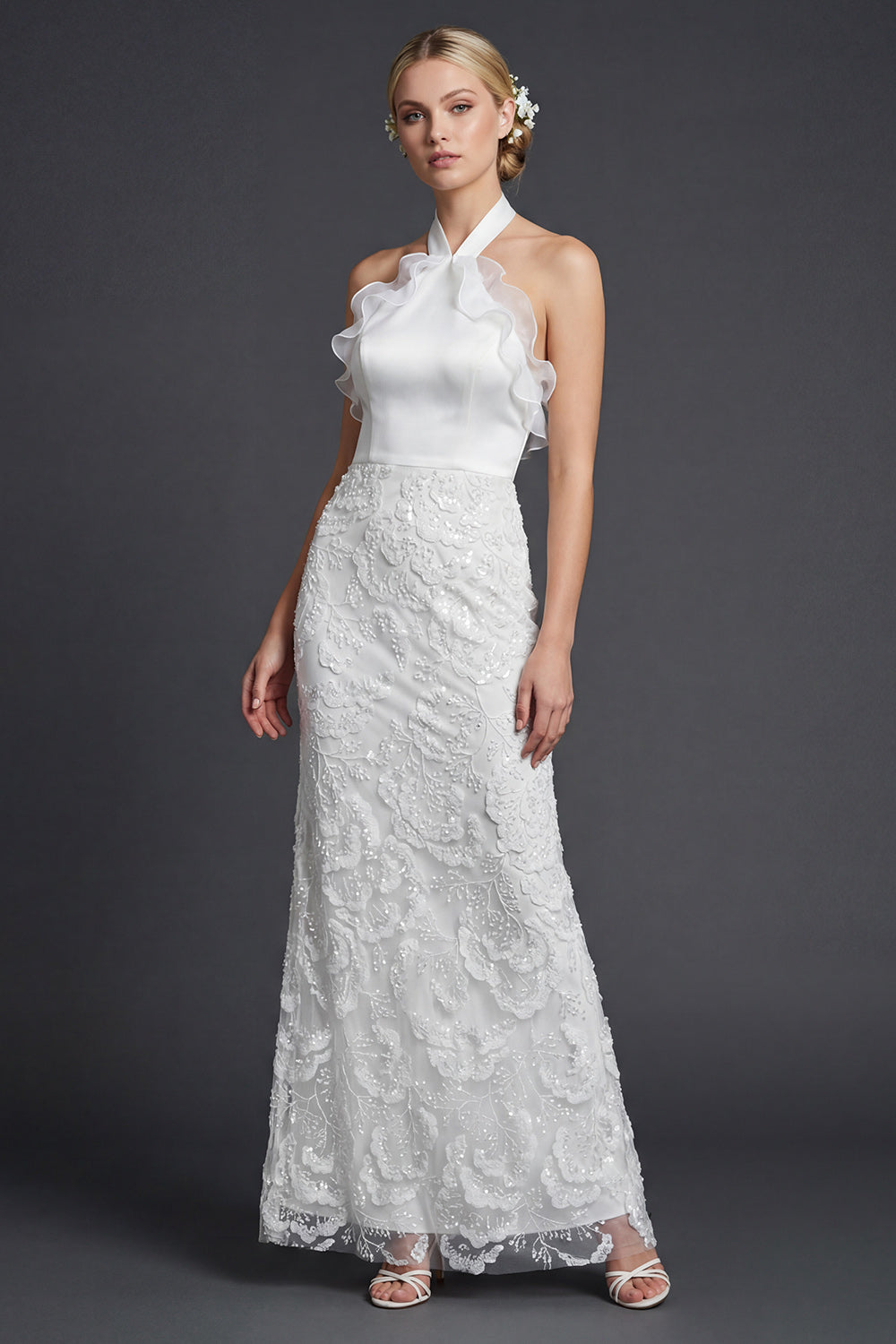 Halter White Sheath Ruffled Long Wedding Dress
