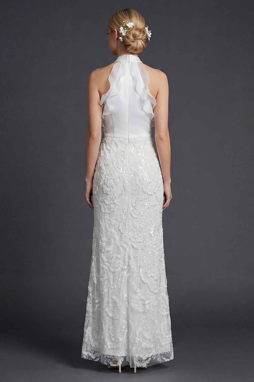 Halter White Sheath Ruffled Long Wedding Dress