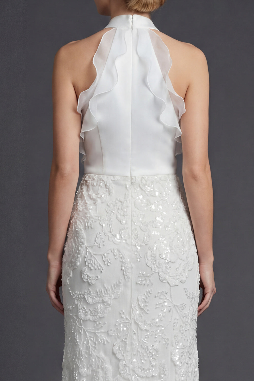 Halter White Sheath Ruffled Long Wedding Dress