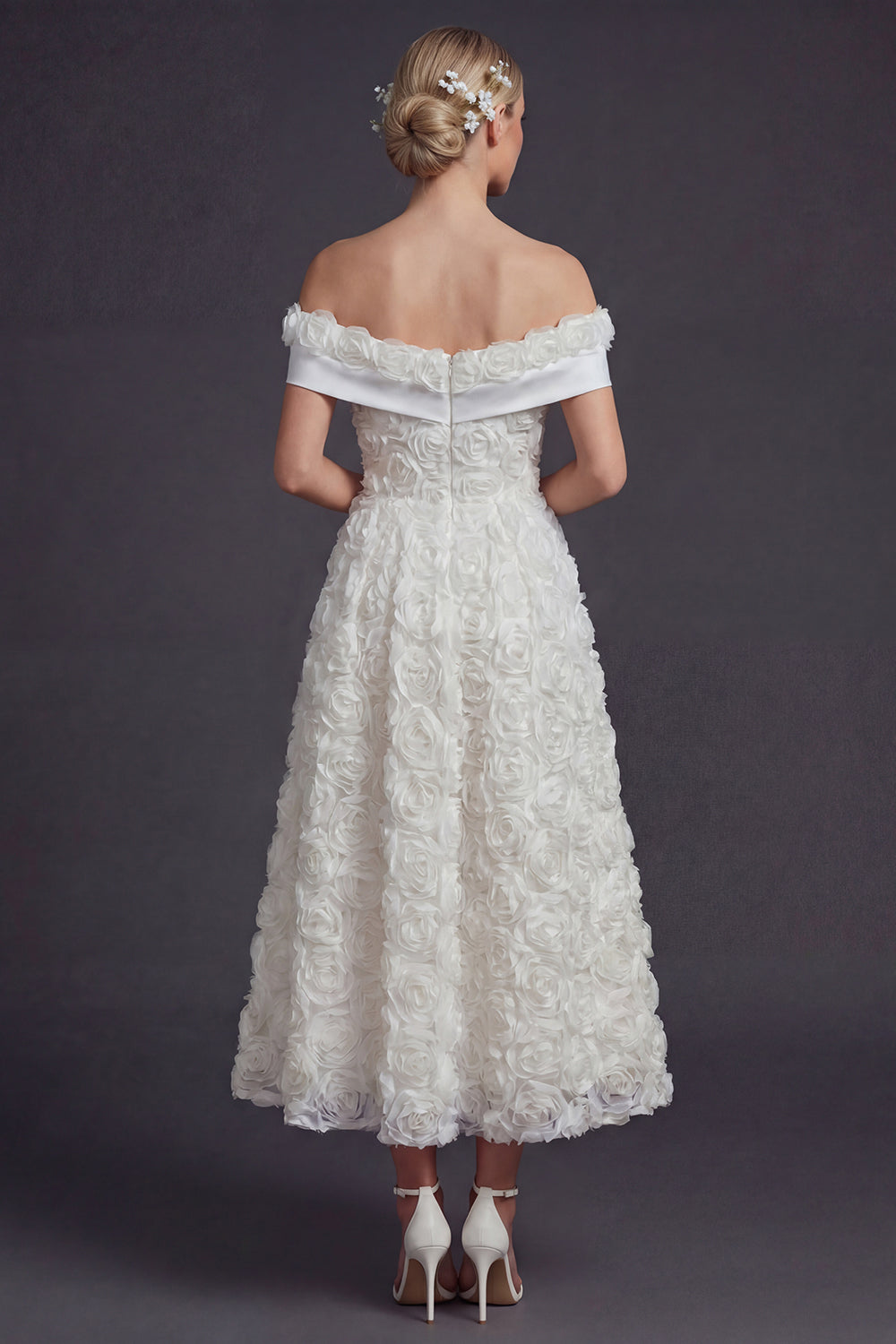 White A Line Off The Shoulder Long Wedding Dress with 3D Flowers