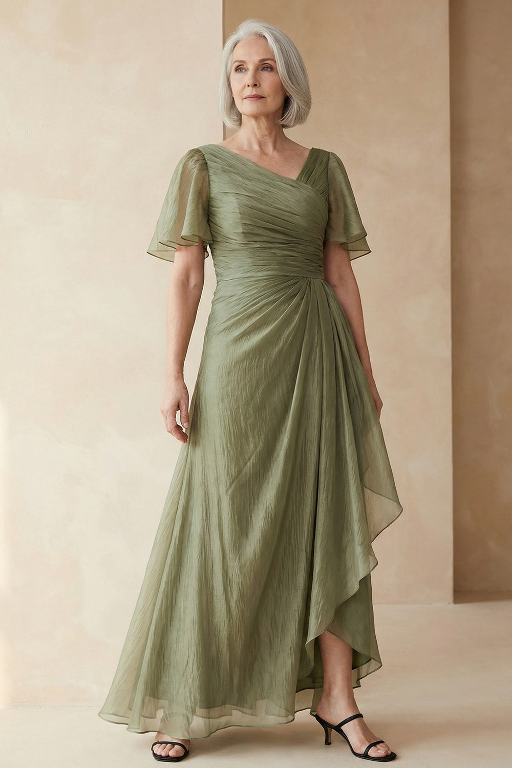 Dusty Sage A-Line Ruched Mother of the Bride Dress with Short Sleeves