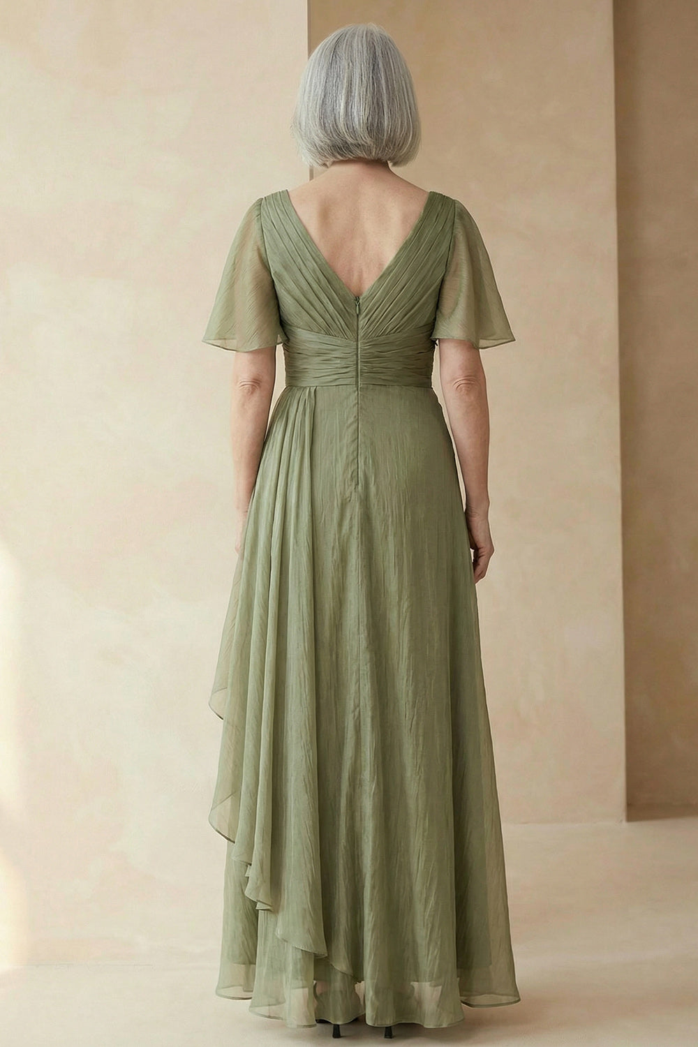 Dusty Sage A-Line Ruched Mother of the Bride Dress with Short Sleeves
