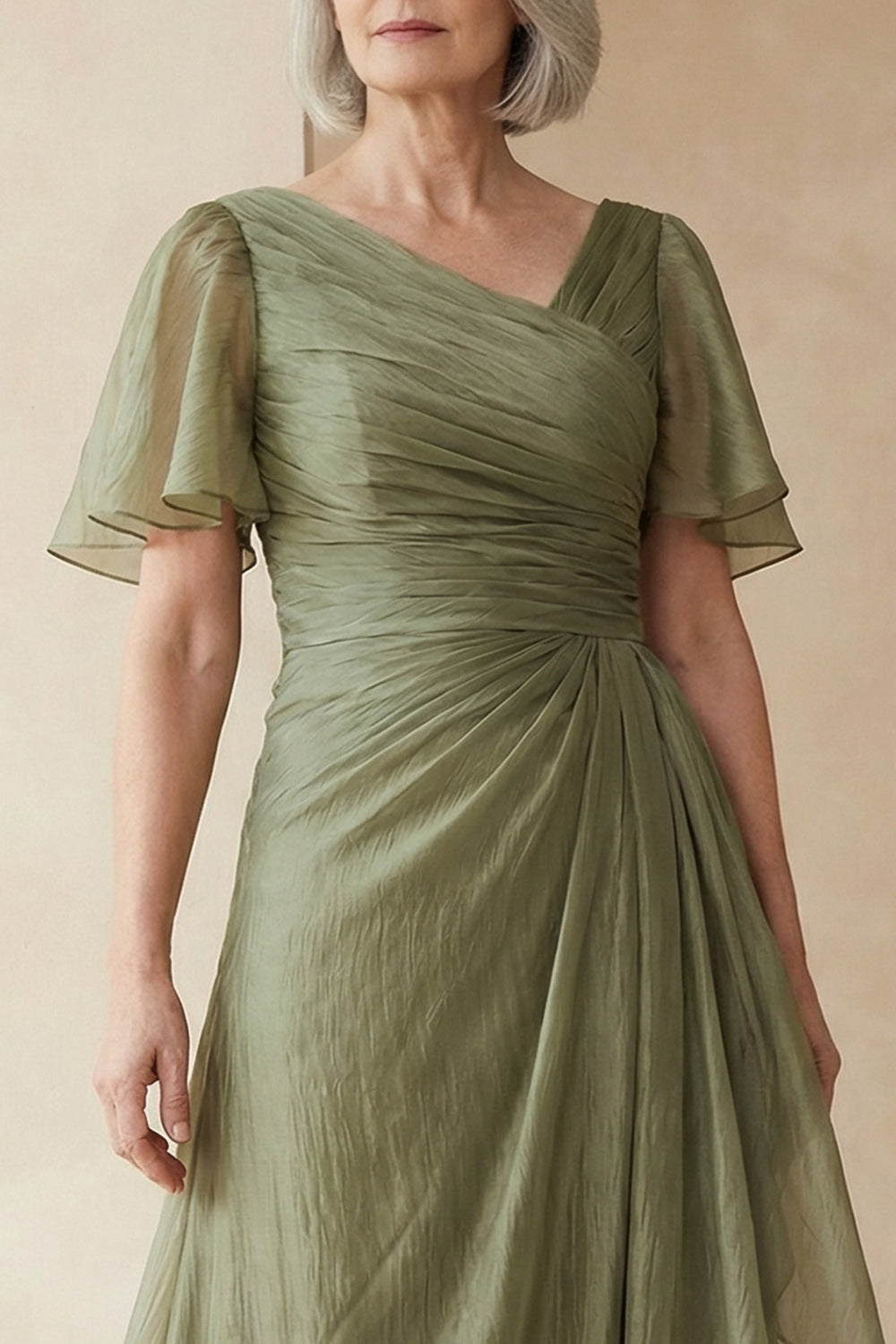 Dusty Sage A-Line Ruched Mother of the Bride Dress with Short Sleeves