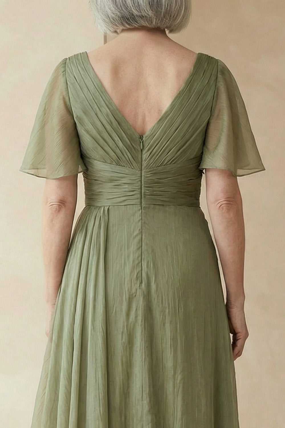 Dusty Sage A-Line Ruched Mother of the Bride Dress with Short Sleeves