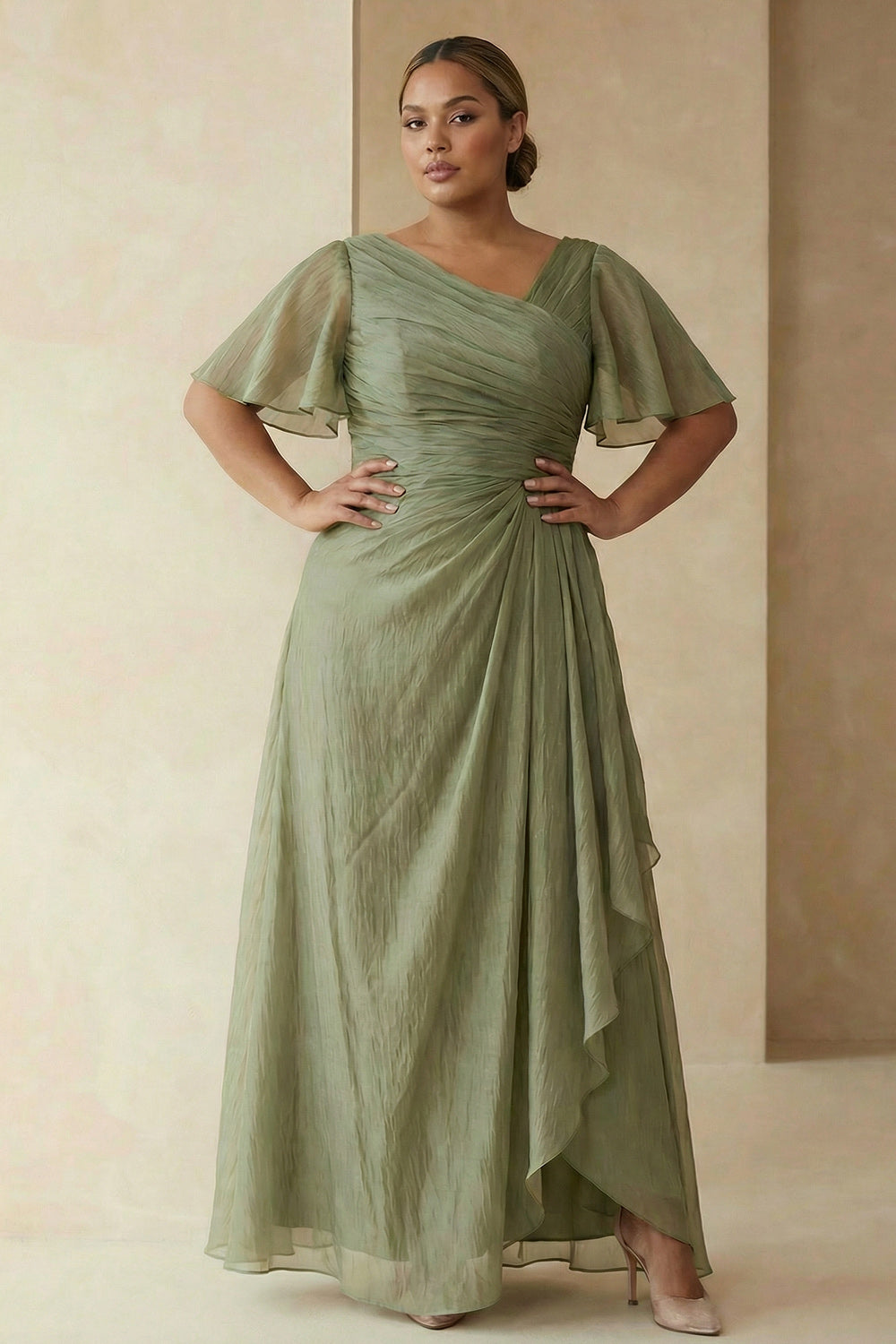 Dusty Sage A Line Ruched Short Sleeves Plus Size Mother Of The Bride Dress with Ruffles
