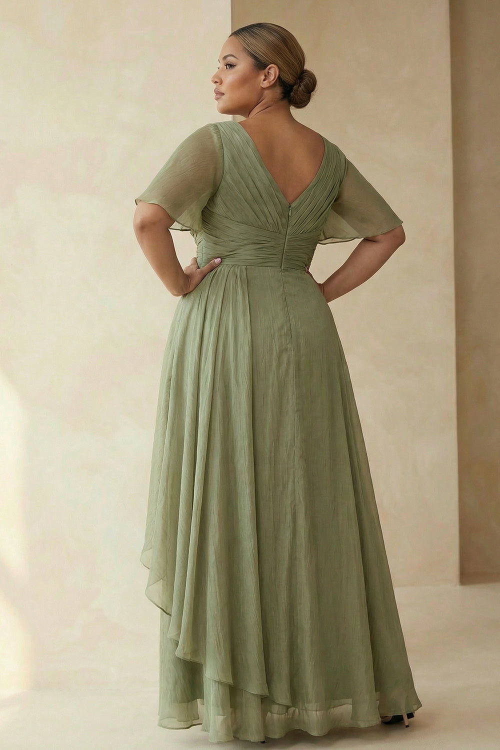 Dusty Sage A Line Ruched Short Sleeves Plus Size Mother Of The Bride Dress with Ruffles