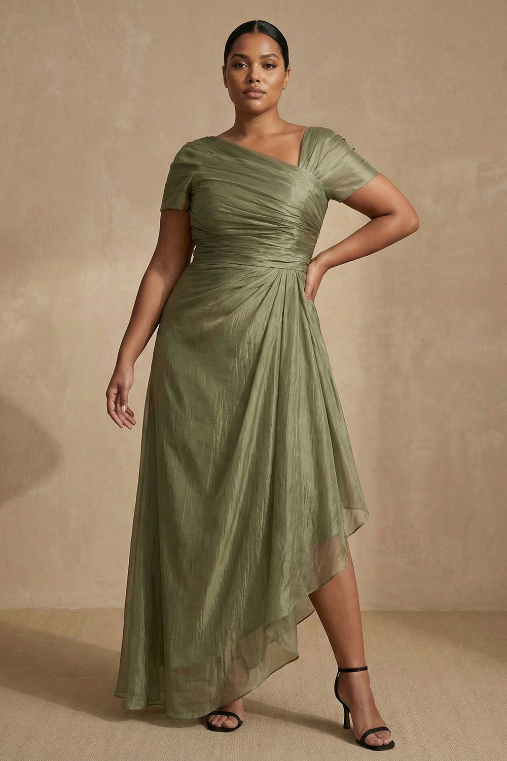 Dusty Sage Short Sleeve Ruched A-Line Plus Size Mother of the Bride Dress