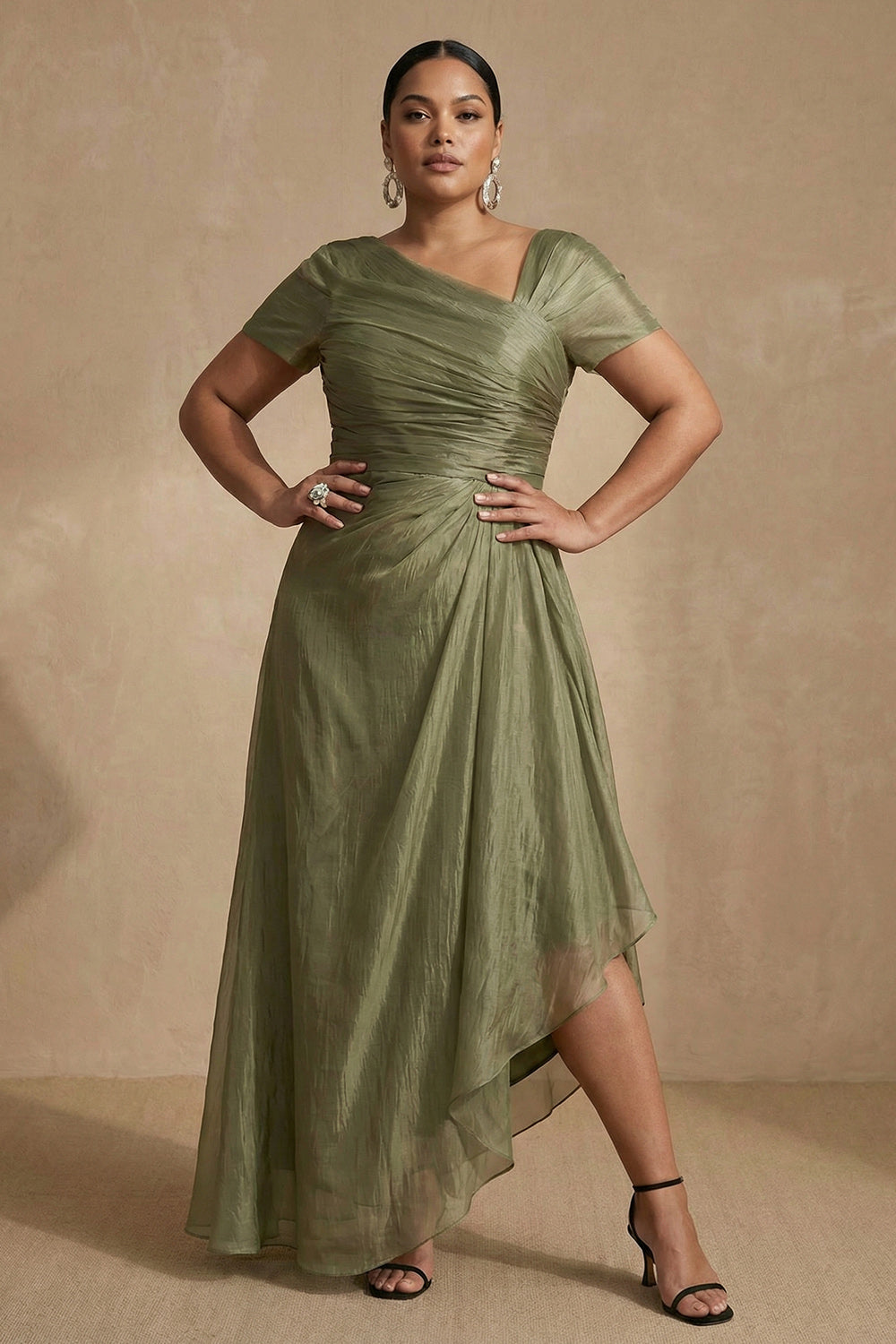 Dusty Sage Short Sleeve Ruched A-Line Plus Size Mother of the Bride Dress