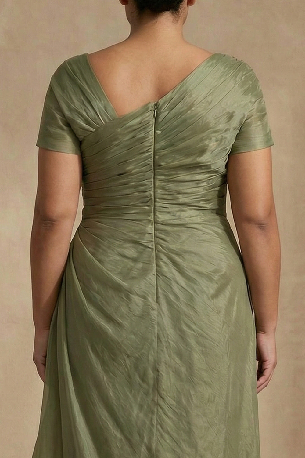 Dusty Sage Short Sleeve Ruched A-Line Plus Size Mother of the Bride Dress