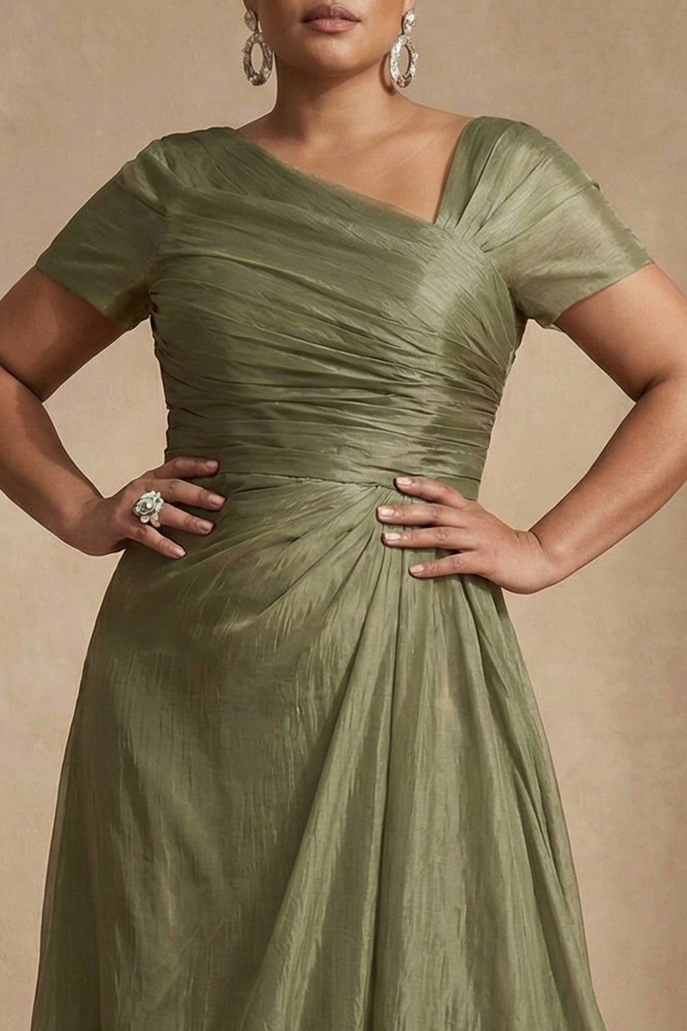 Dusty Sage Short Sleeve Ruched A-Line Plus Size Mother of the Bride Dress