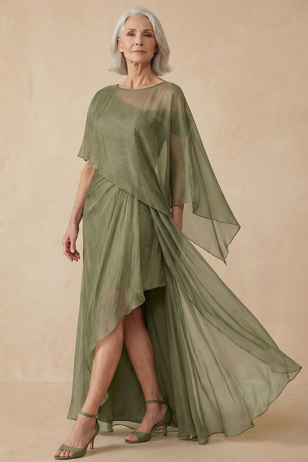 Dusty Sage A-Line Asymmetrical Convertible Mother of the Bride Dress with Wrap