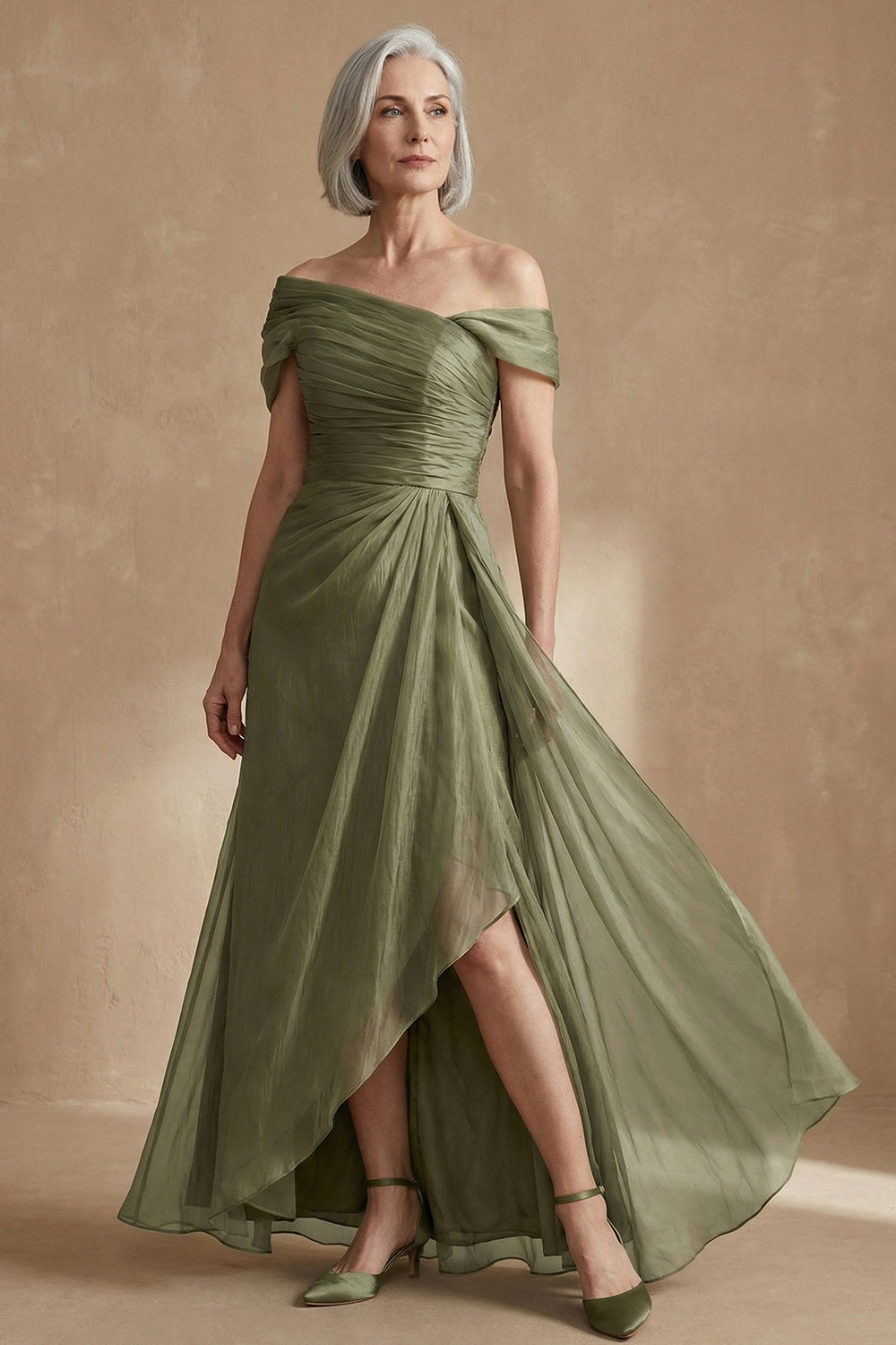Dusty Sage A-Line Asymmetrical Convertible Mother of the Bride Dress with Wrap