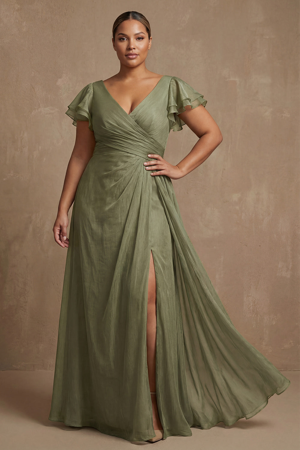 Dusty Sage Plus Size A Line Flutter Sleeves Ruched Mother Of The Bride Dress with Slit
