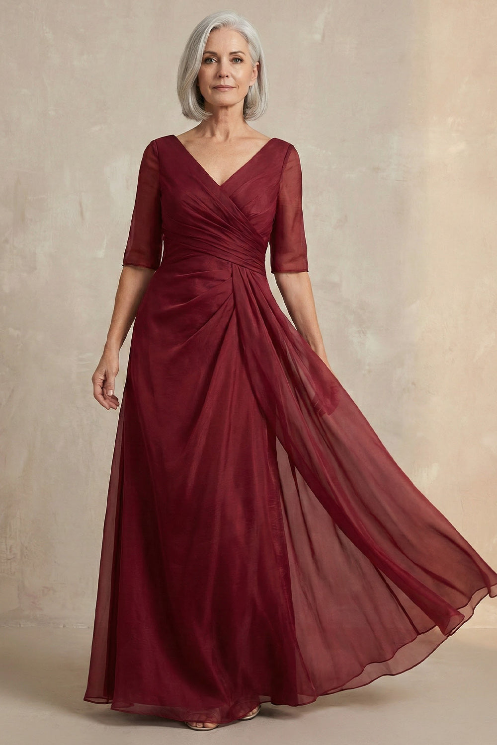 Red V-Neck A-Line Half-Sleeve Mother of the Bride Dress